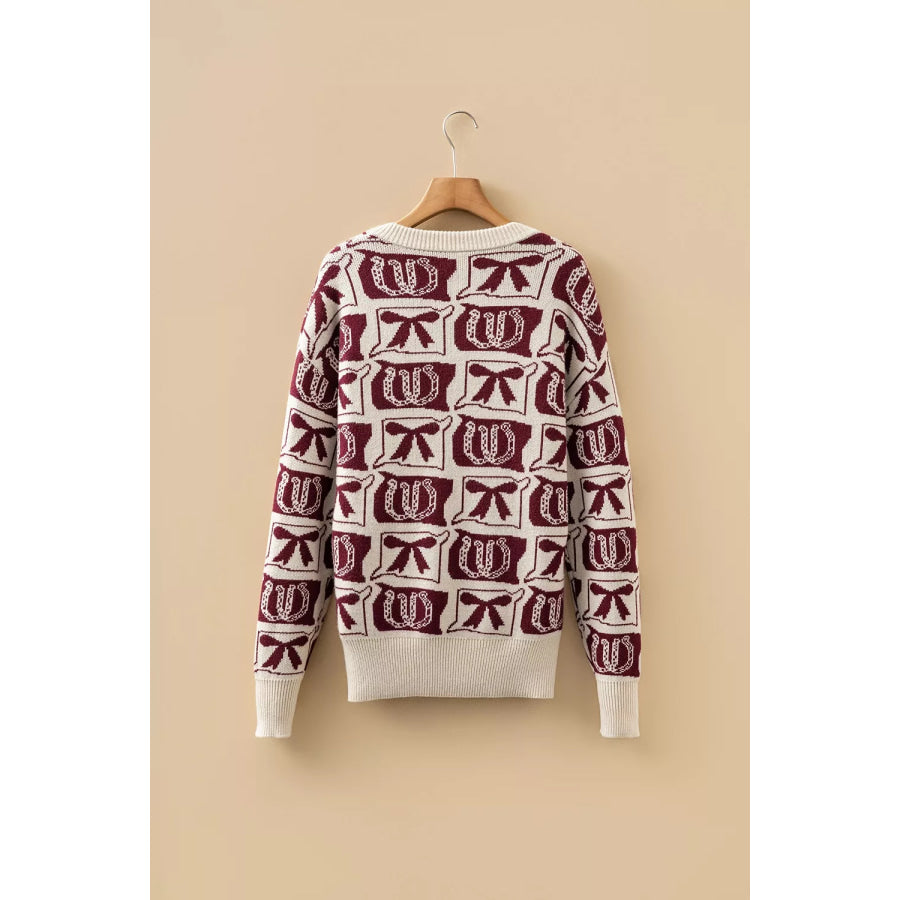 Bows & Horseshoes Pattern Western Round Neck Sweater Apparel and Accessories