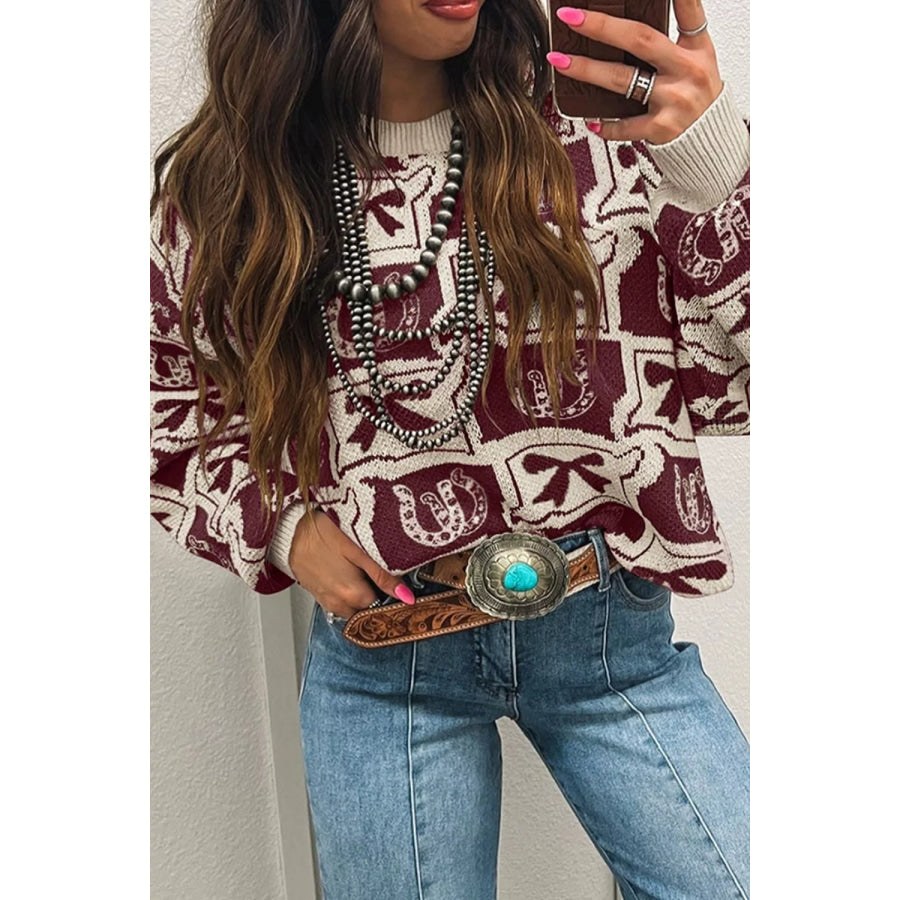 Bows & Horseshoes Pattern Western Round Neck Sweater Apparel and Accessories