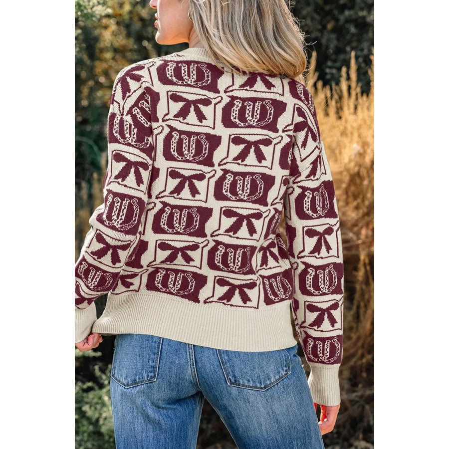 Bows & Horseshoes Pattern Western Round Neck Sweater Apparel and Accessories