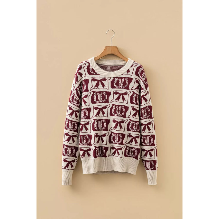 Bows & Horseshoes Pattern Western Round Neck Sweater Apparel and Accessories