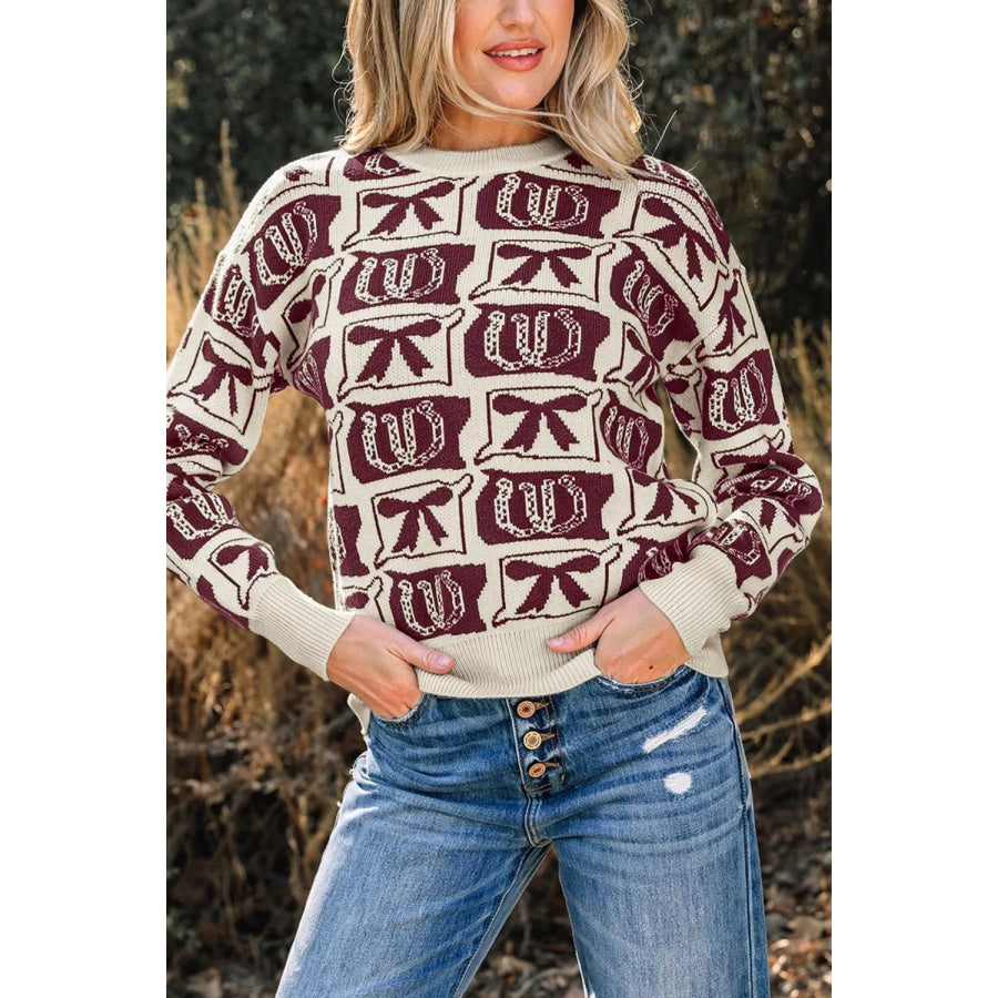 Bows & Horseshoes Pattern Western Round Neck Sweater Burgundy / S Apparel and Accessories
