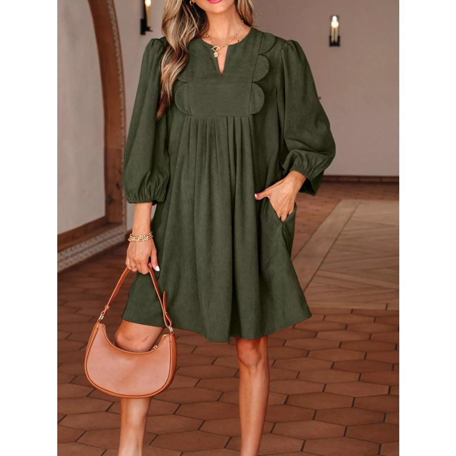Bracelet Sleeve Split Neck Scallop Detail Pleated Corduroy Mini Dress Apparel and Accessories