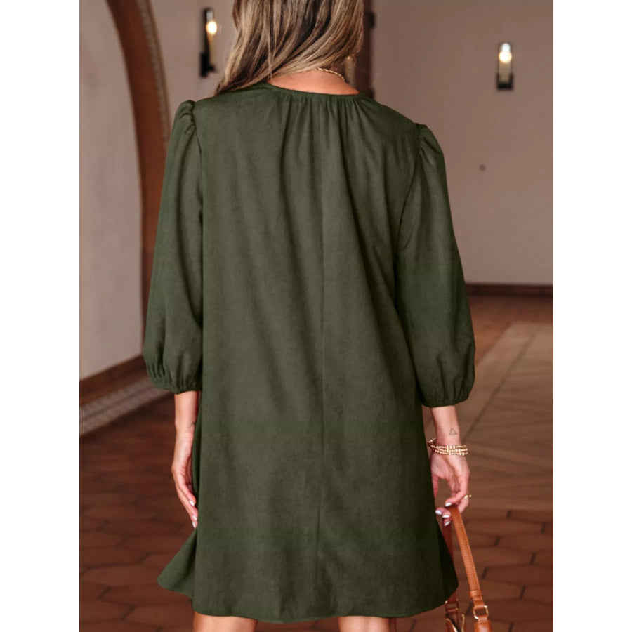 Bracelet Sleeve Split Neck Scallop Detail Pleated Corduroy Mini Dress Apparel and Accessories