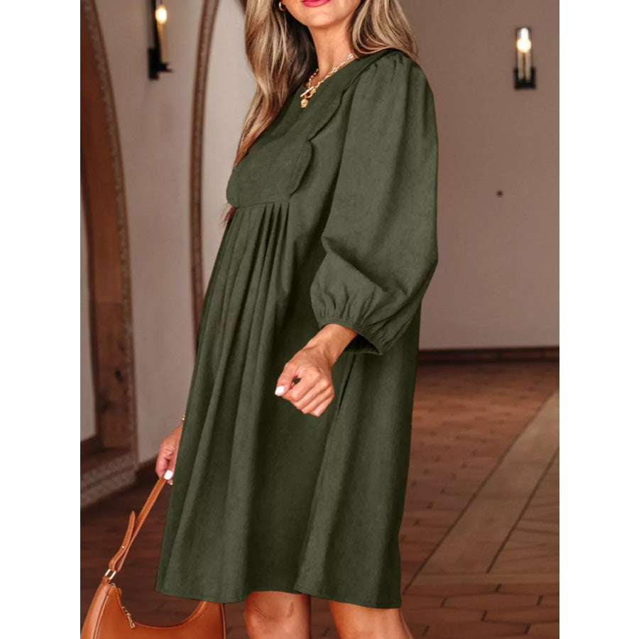 Bracelet Sleeve Split Neck Scallop Detail Pleated Corduroy Mini Dress Apparel and Accessories