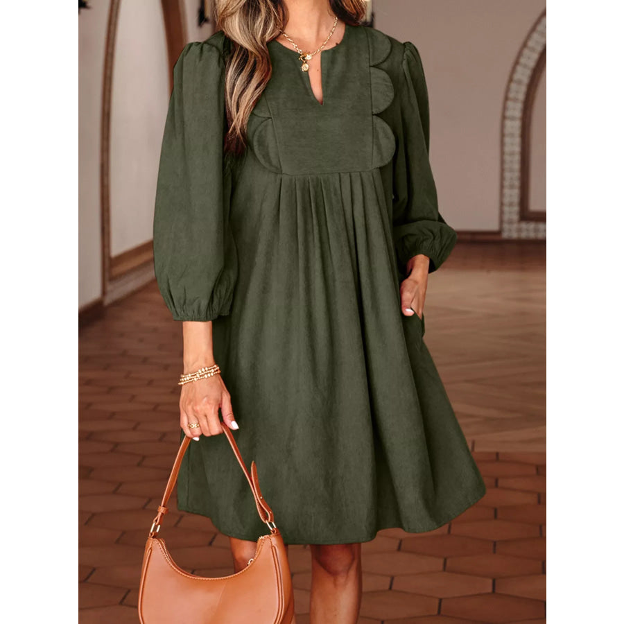Bracelet Sleeve Split Neck Scallop Detail Pleated Corduroy Mini Dress Apparel and Accessories