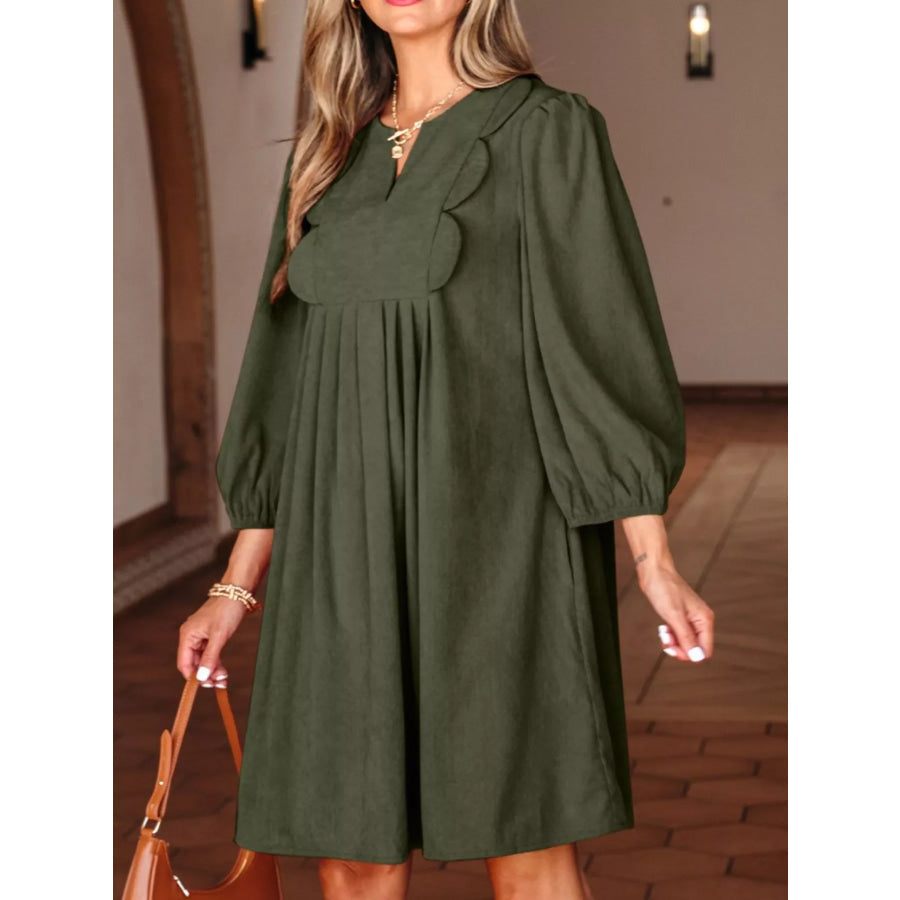 Bracelet Sleeve Split Neck Scallop Detail Pleated Corduroy Mini Dress Moss / S Apparel and Accessories