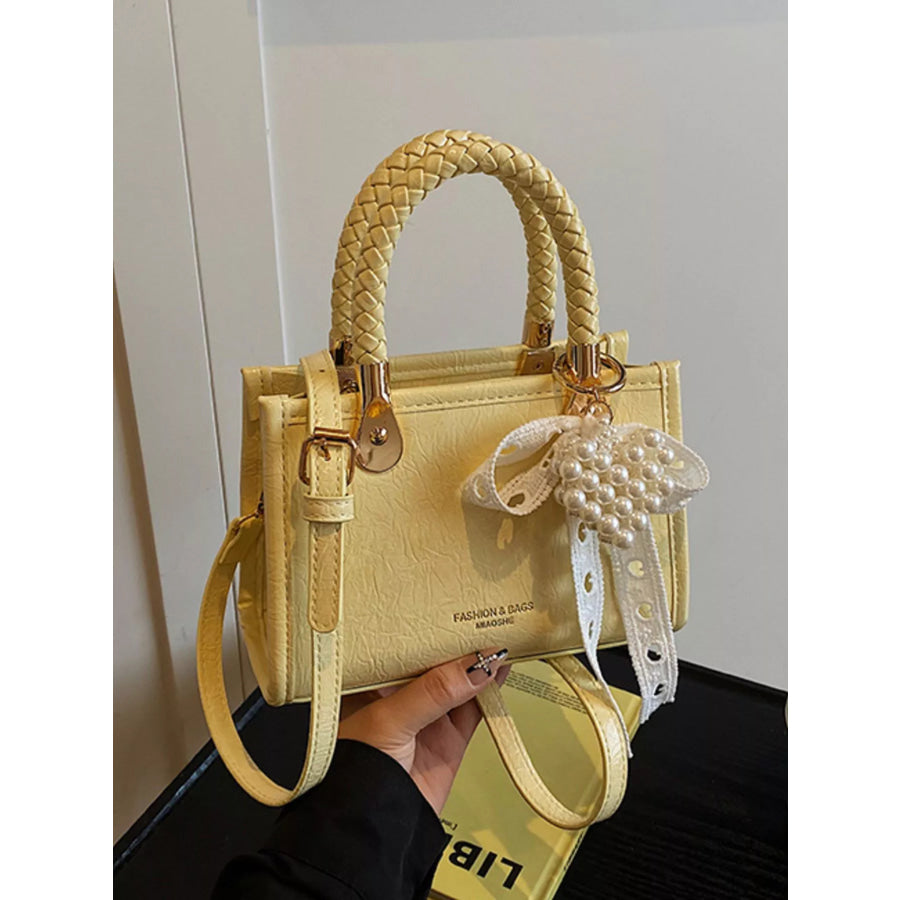 Braided Handle Pearl Decor Crossbody Bag Apparel and Accessories