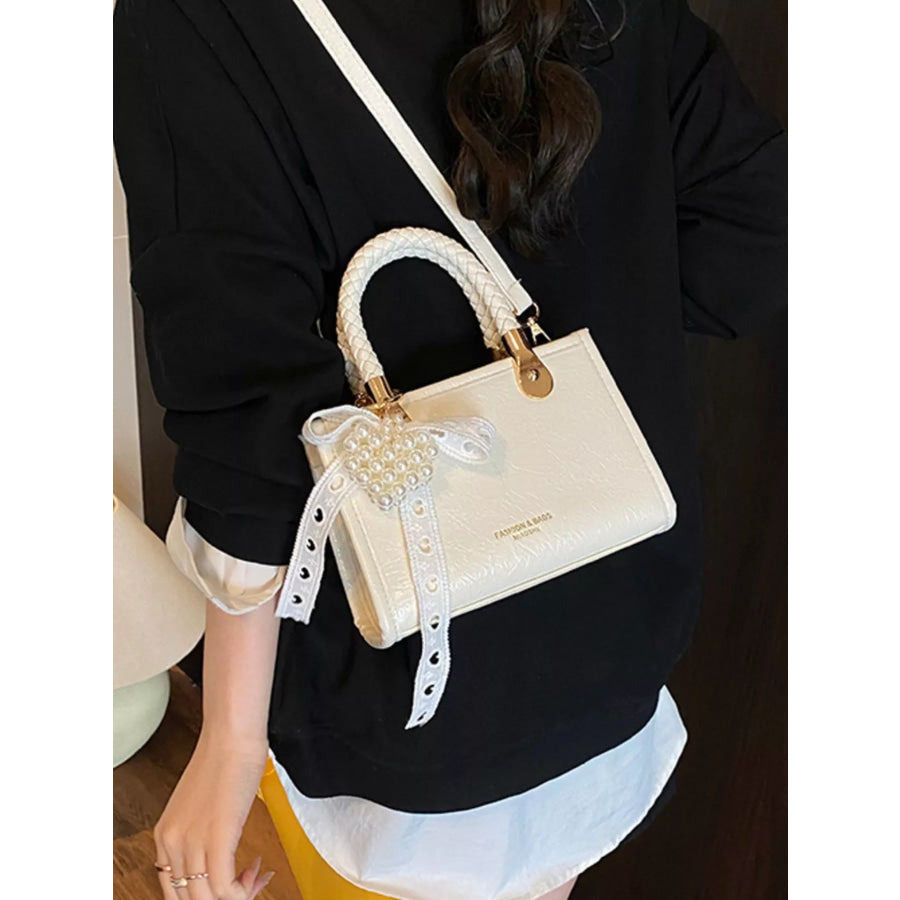 Braided Handle Pearl Decor Crossbody Bag Apparel and Accessories