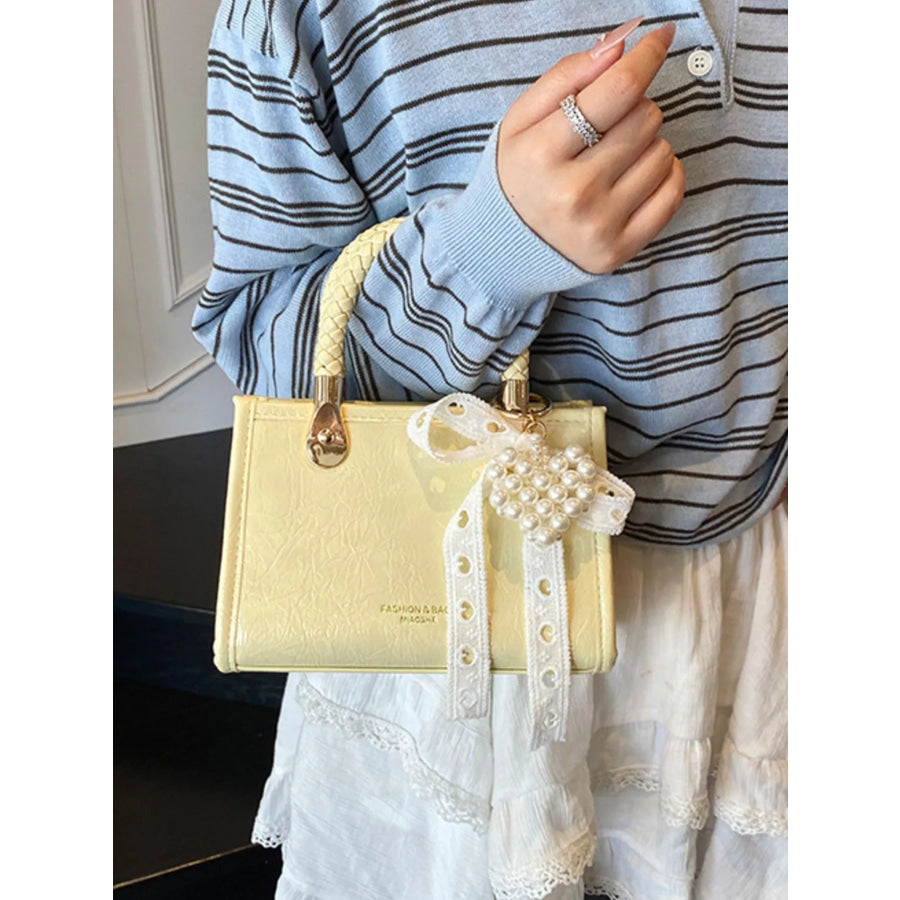 Braided Handle Pearl Decor Crossbody Bag Apparel and Accessories