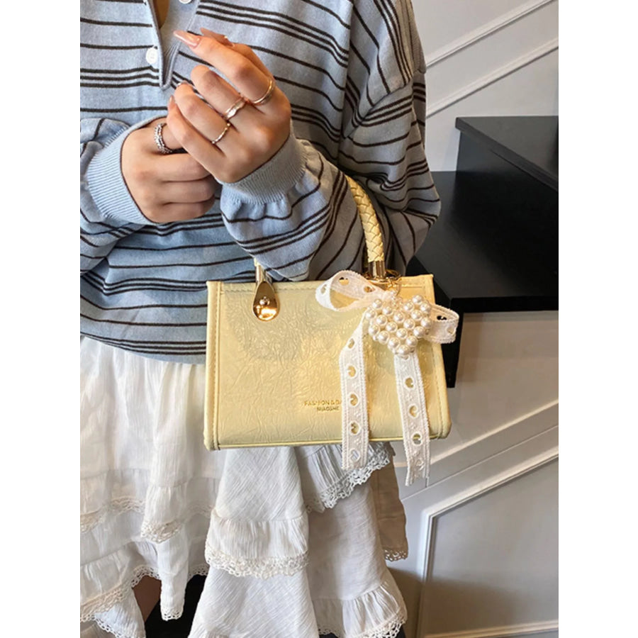 Braided Handle Pearl Decor Crossbody Bag Apparel and Accessories