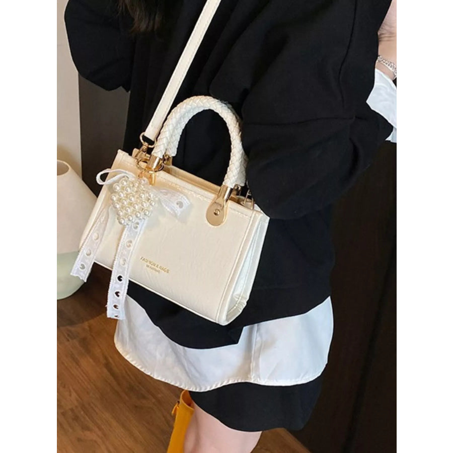 Braided Handle Pearl Decor Crossbody Bag Apparel and Accessories