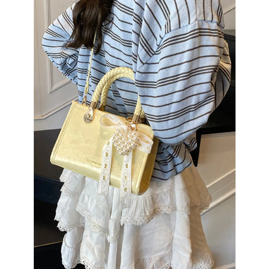 Braided Handle Pearl Decor Crossbody Bag Apparel and Accessories