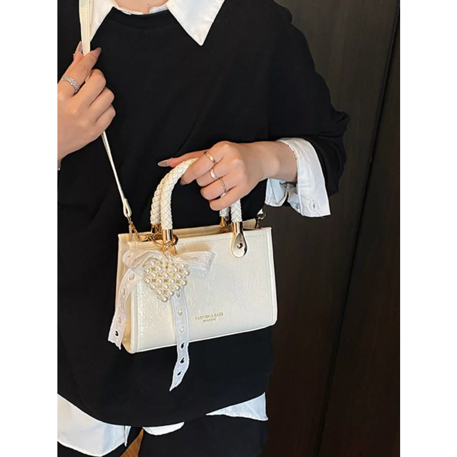Braided Handle Pearl Decor Crossbody Bag Apparel and Accessories