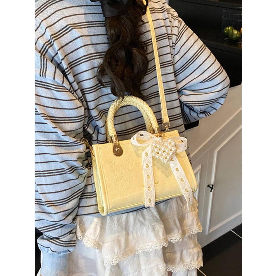 Braided Handle Pearl Decor Crossbody Bag Apparel and Accessories