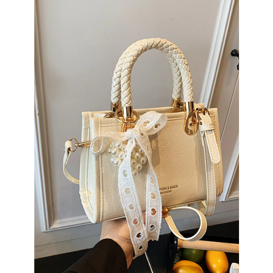 Braided Handle Pearl Decor Crossbody Bag Apparel and Accessories