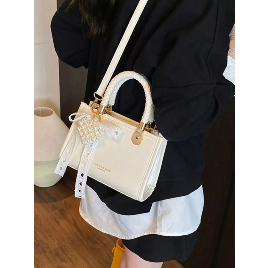 Braided Handle Pearl Decor Crossbody Bag Apparel and Accessories