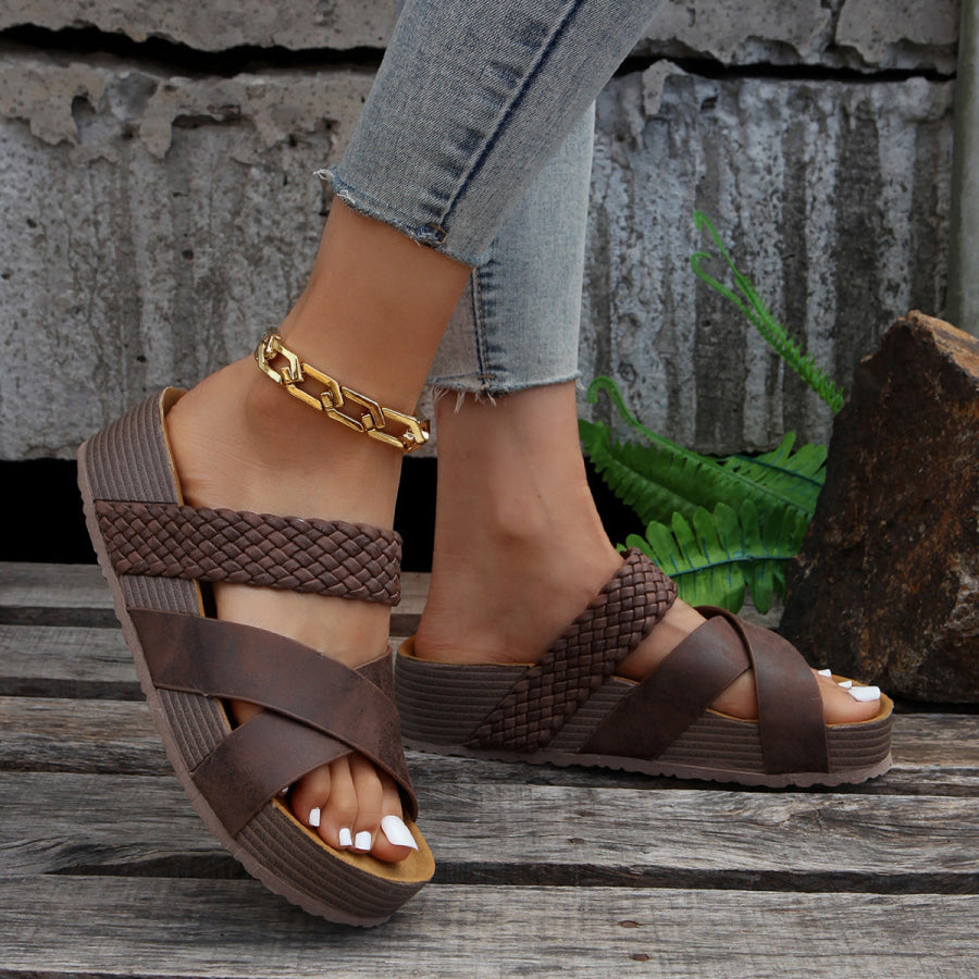 Braided Strap Platform Sandals Coffee / 35 Apparel and Accessories