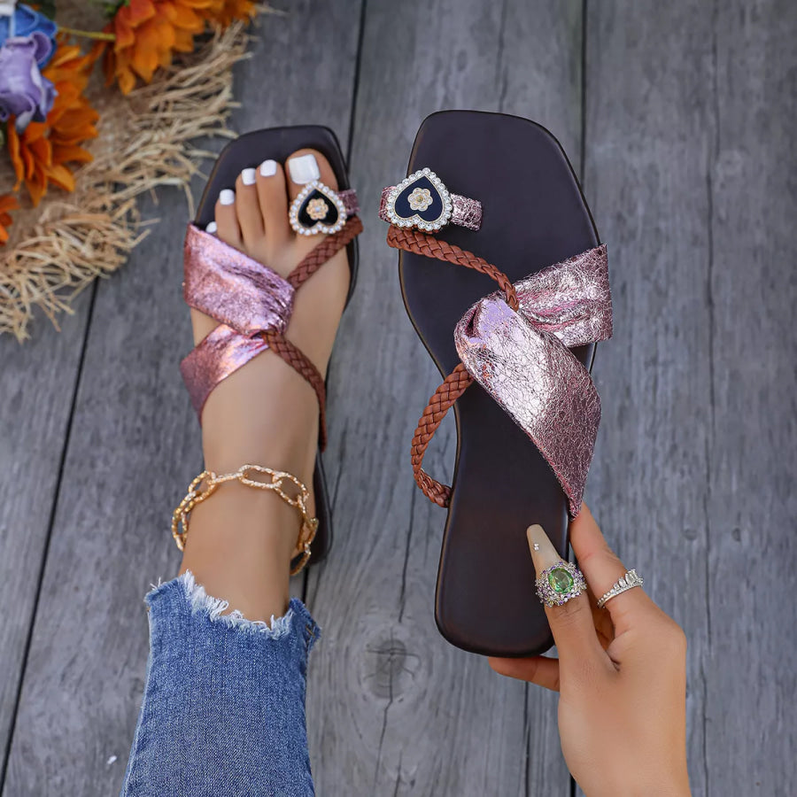 Braided Thong Sandals with Heart Decor Apparel and Accessories