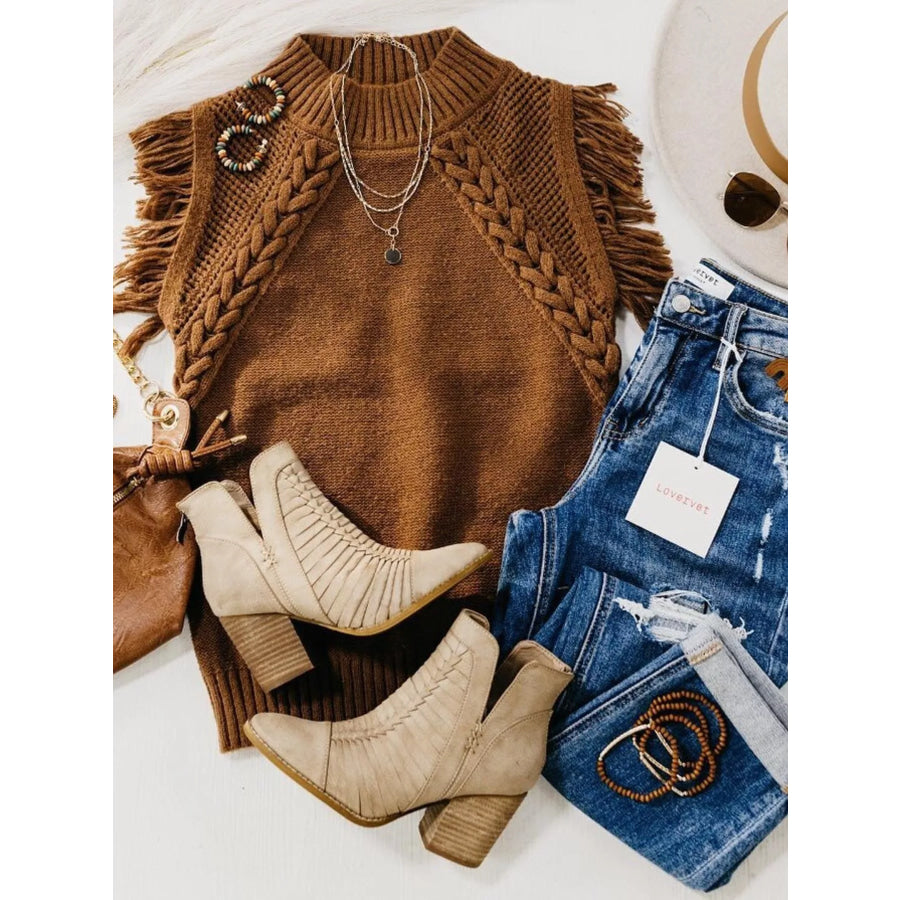 Braided Trim Fringe Sweater Top Apparel and Accessories