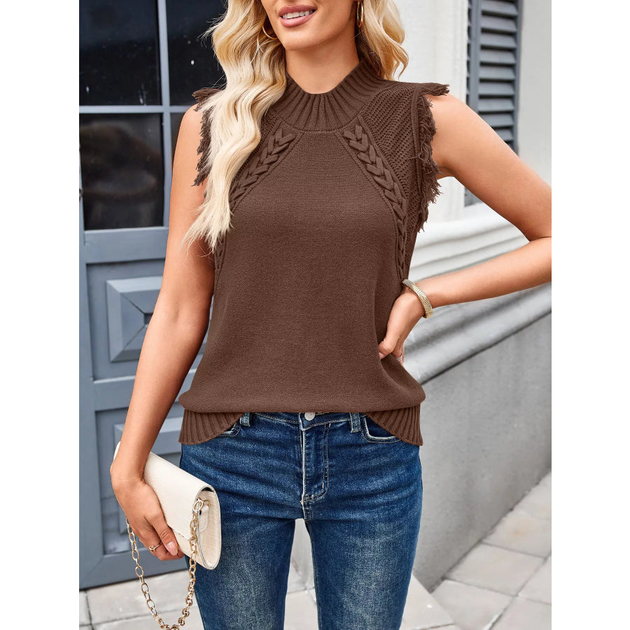 Braided Trim Fringe Sweater Top Brown / S Apparel and Accessories