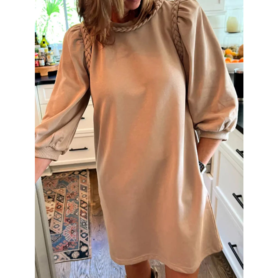 Braided Trim Puff Sleeve Dress Khaki / S Apparel and Accessories
