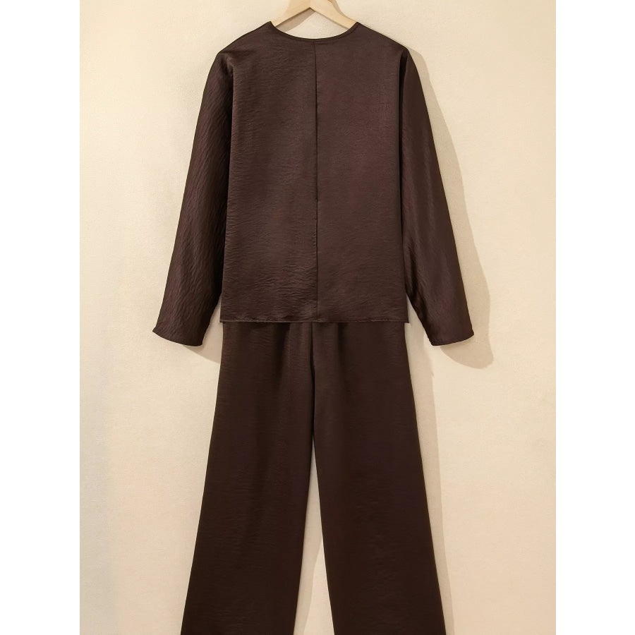 Braided V Neck Long Sleeve Loose Top and Drawstring High Waist Pants 2pcs Outfit Apparel and Accessories