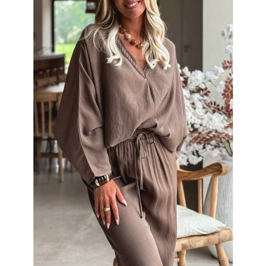 Braided V Neck Long Sleeve Loose Top and Drawstring High Waist Pants 2pcs Outfit Apparel and Accessories