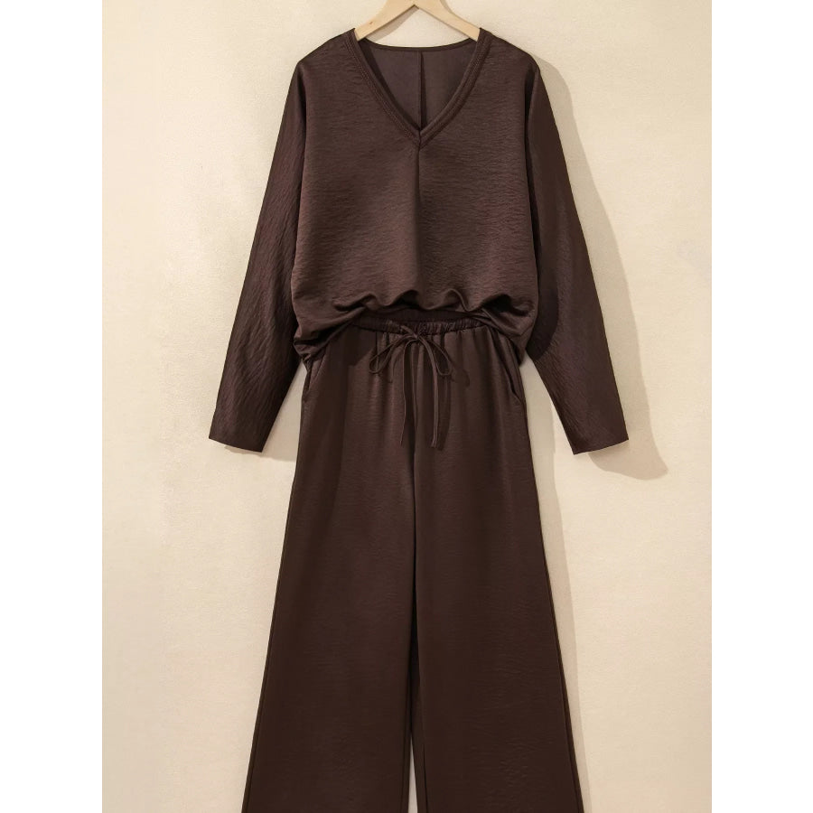 Braided V Neck Long Sleeve Loose Top and Drawstring High Waist Pants 2pcs Outfit Apparel and Accessories