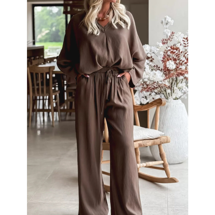 Braided V Neck Long Sleeve Loose Top and Drawstring High Waist Pants 2pcs Outfit Dark Brown / S Apparel and Accessories