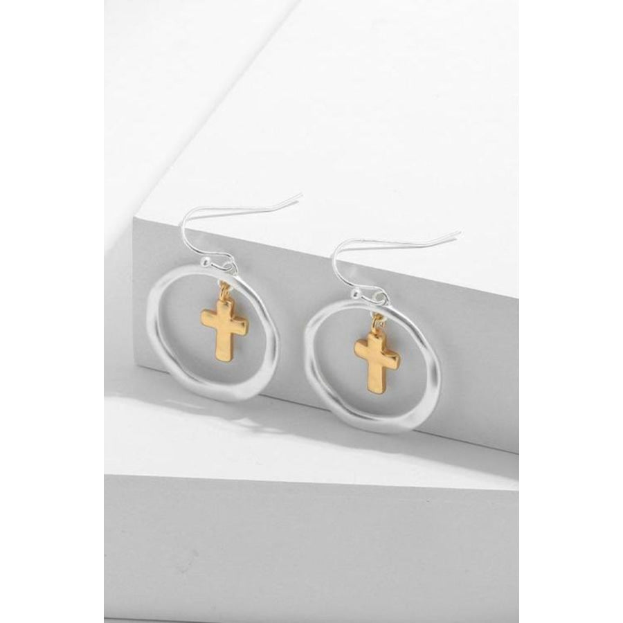 Brass Contrast Cross Dangle Earrings Silver / One Size Apparel and Accessories