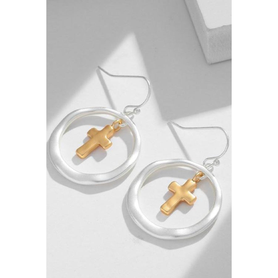 Brass Contrast Cross Dangle Earrings Silver / One Size Apparel and Accessories