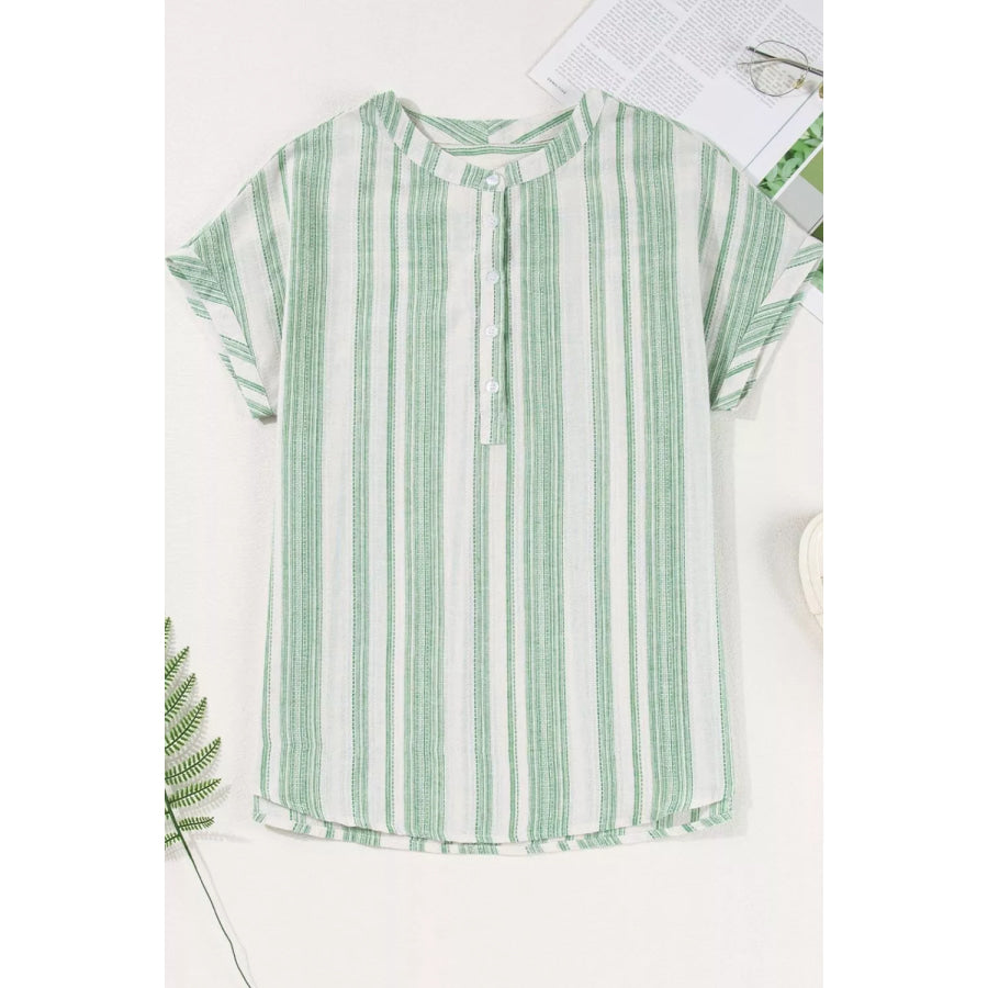 Breathable Gauze Half Button Short Sleeve Casual Blouse Apparel and Accessories