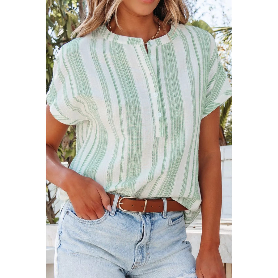 Breathable Gauze Half Button Short Sleeve Casual Blouse Apparel and Accessories