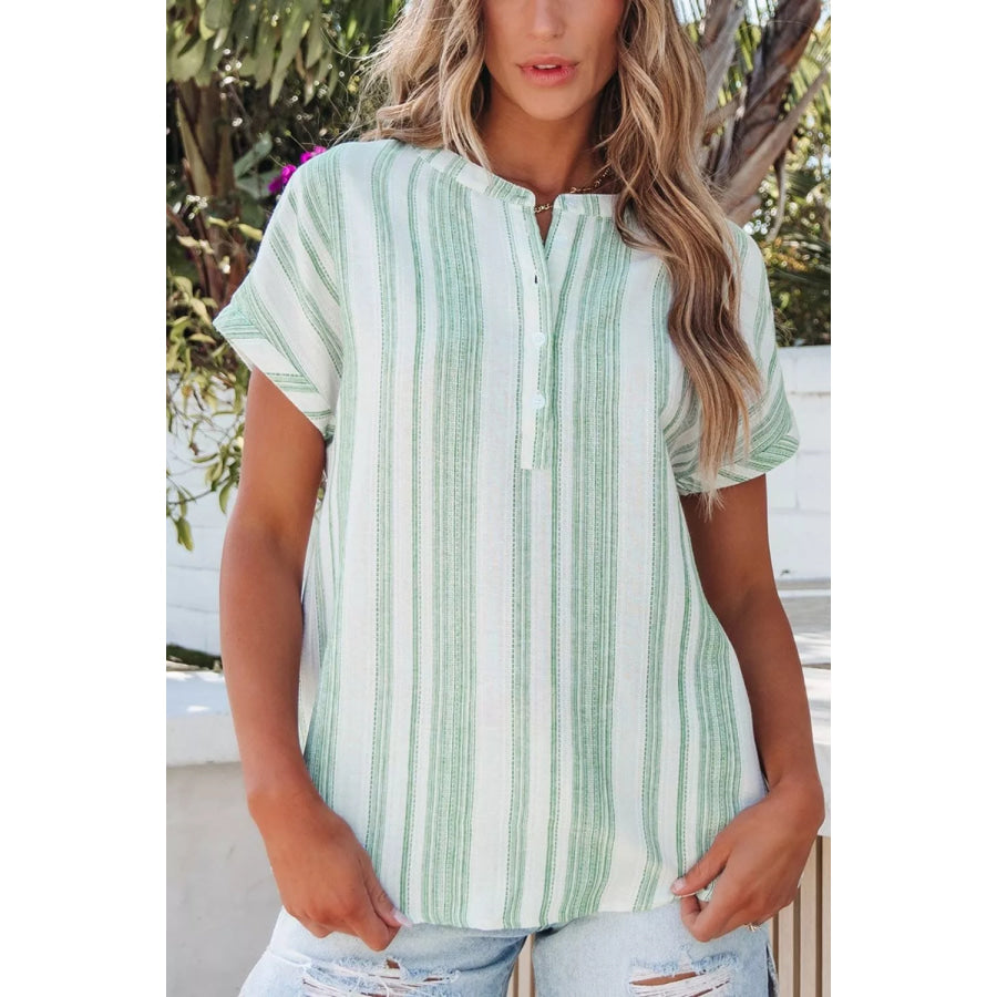 Breathable Gauze Half Button Short Sleeve Casual Blouse Apparel and Accessories