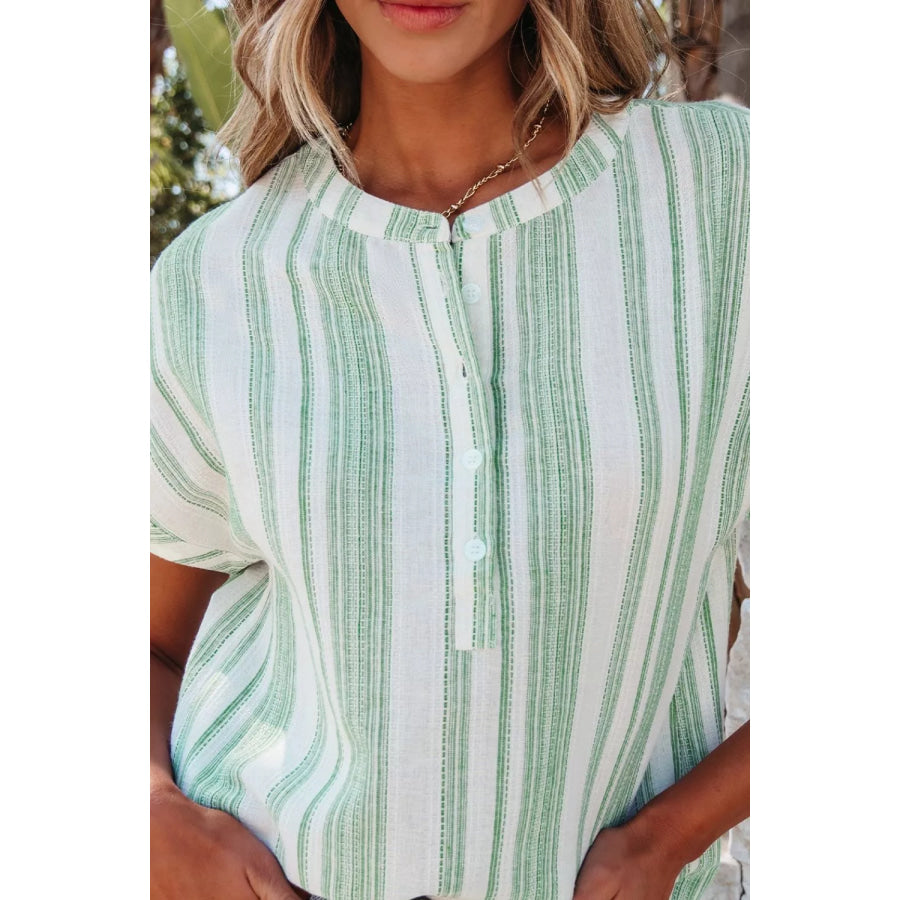 Breathable Gauze Half Button Short Sleeve Casual Blouse Apparel and Accessories