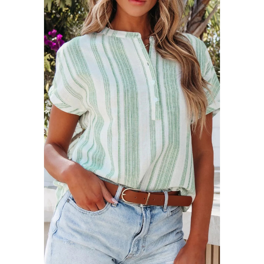 Breathable Gauze Half Button Short Sleeve Casual Blouse Apparel and Accessories