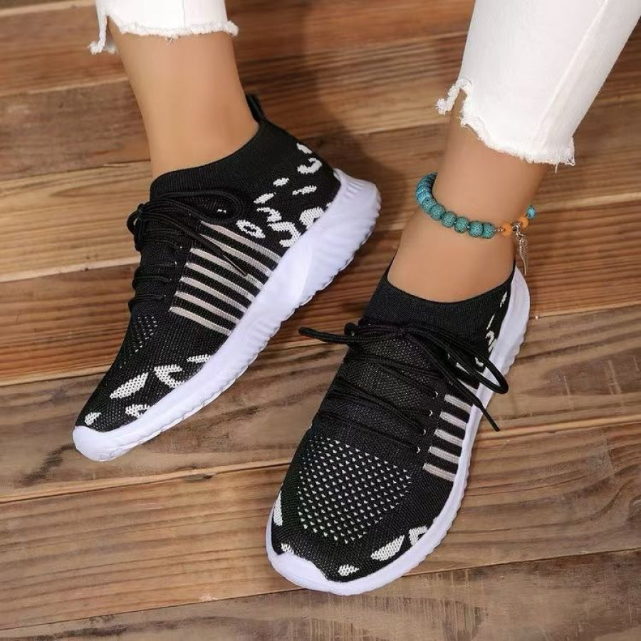 Breathable Leopard Mesh Lace Up Sneakers Black / 36(US5) Apparel and Accessories