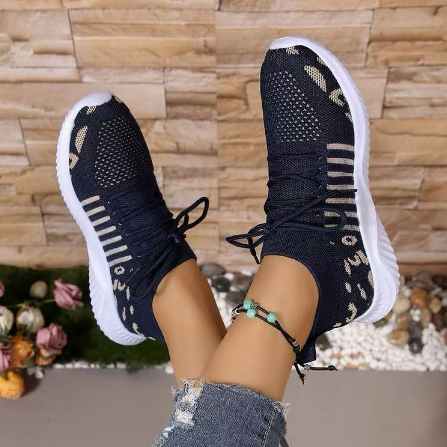 Breathable Leopard Mesh Lace Up Sneakers Navy / 36(US5) Apparel and Accessories