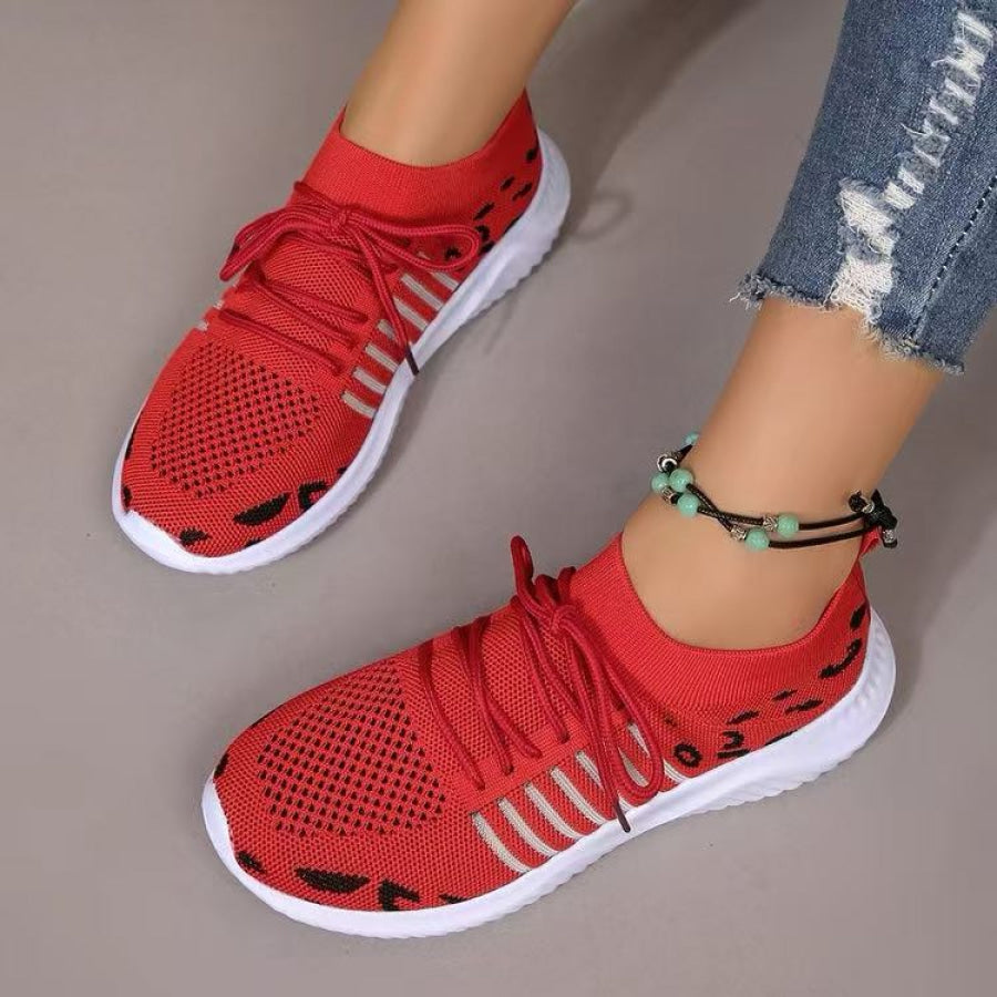 Breathable Leopard Mesh Lace Up Sneakers Red / 36(US5) Apparel and Accessories