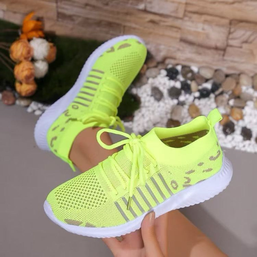 Breathable Leopard Mesh Lace Up Sneakers Yellow Green / 36(US5) Apparel and Accessories