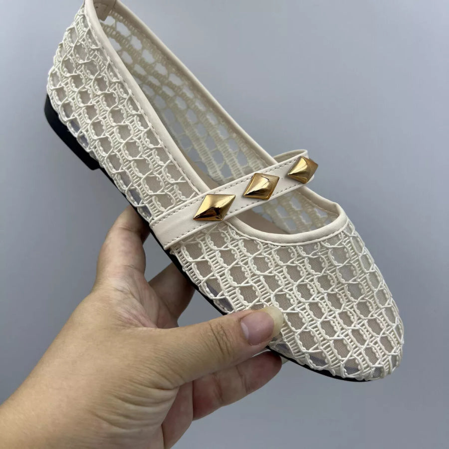 Breathable Mesh Loafers with Decorative Gold Studded Straps Apparel and Accessories