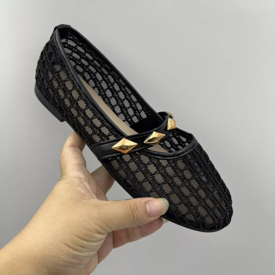 Breathable Mesh Loafers with Decorative Gold Studded Straps Apparel and Accessories