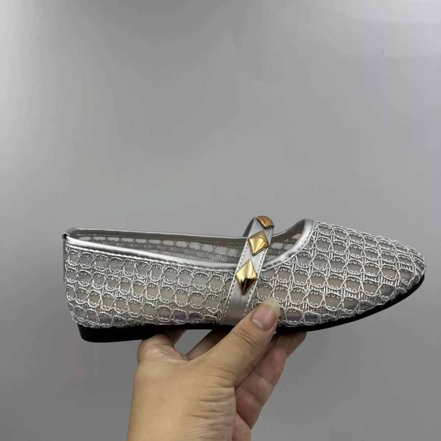 Breathable Mesh Loafers with Decorative Gold Studded Straps Apparel and Accessories