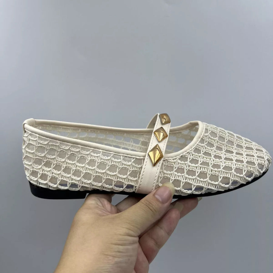 Breathable Mesh Loafers with Decorative Gold Studded Straps Apparel and Accessories