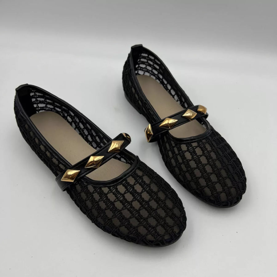 Breathable Mesh Loafers with Decorative Gold Studded Straps Apparel and Accessories