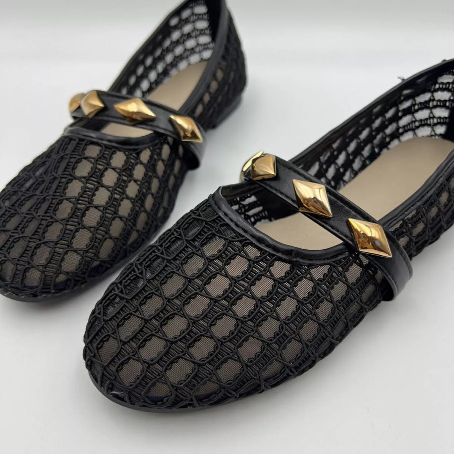Breathable Mesh Loafers with Decorative Gold Studded Straps Black / 36 Apparel and Accessories