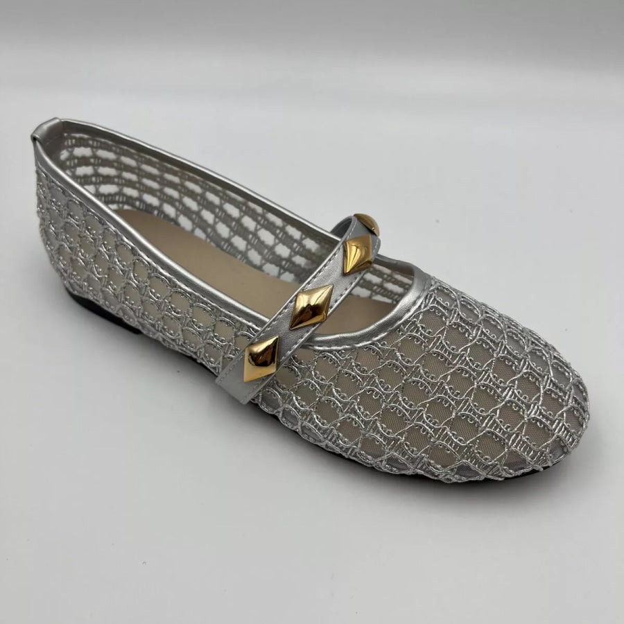 Breathable Mesh Loafers with Decorative Gold Studded Straps Silver / 36 Apparel and Accessories