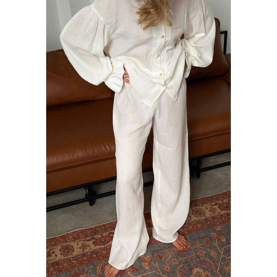 Breathable Ruffled V-Neck Long Sleeve Top and Pants Set White / S Apparel and Accessories