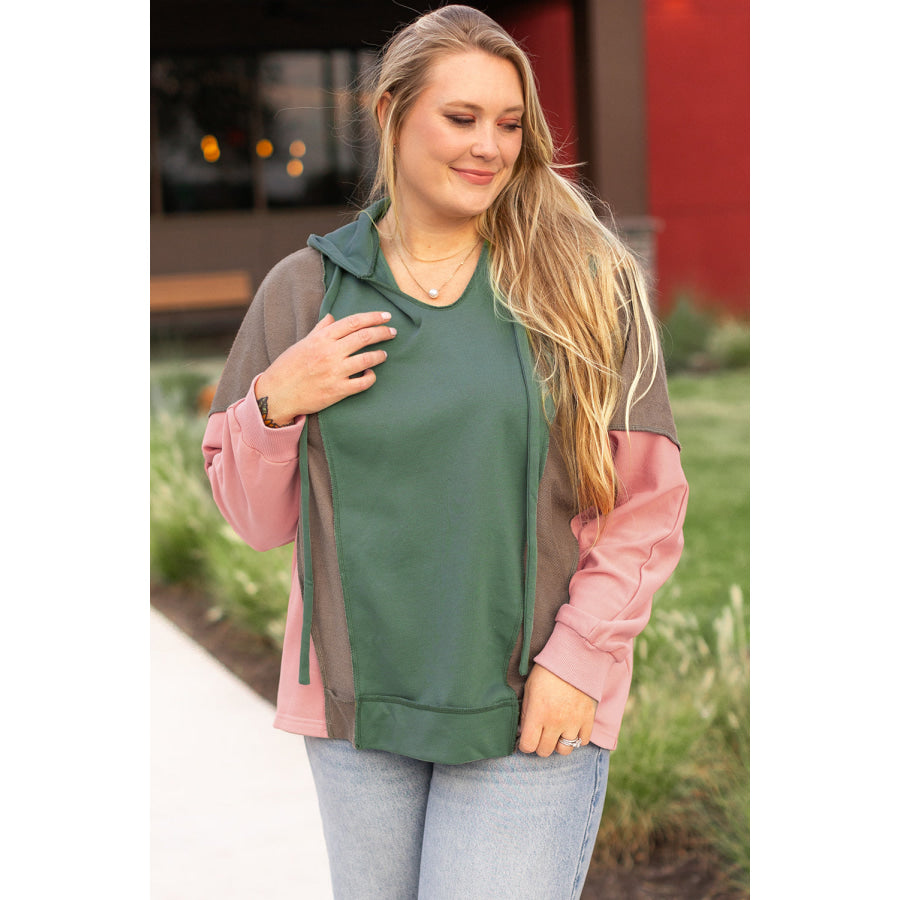 Breen Plus Size Colorblock Patchwork V Neck Hoodie Breen / 1X / 65% Polyester + 35% Cotton Sale (50% OFF)/Sale (50% OFF)