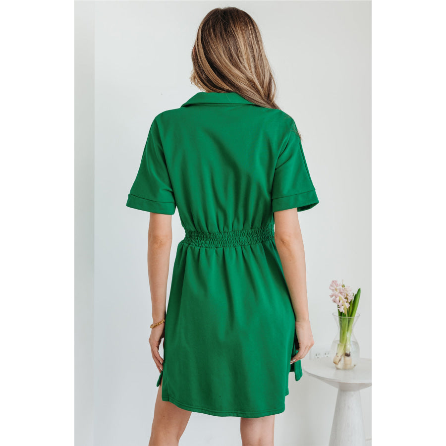 Bright Green Contrast Patchwork Half Zip Elastic Waist Short Sleeve Mini Dress Dresses/Mini Dresses